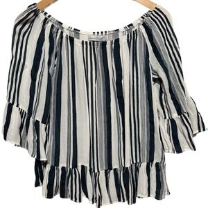 Keren Hart Blue &‎ White Stripe Peasant Blouse Ruffled Sleeves Hem Size Medium